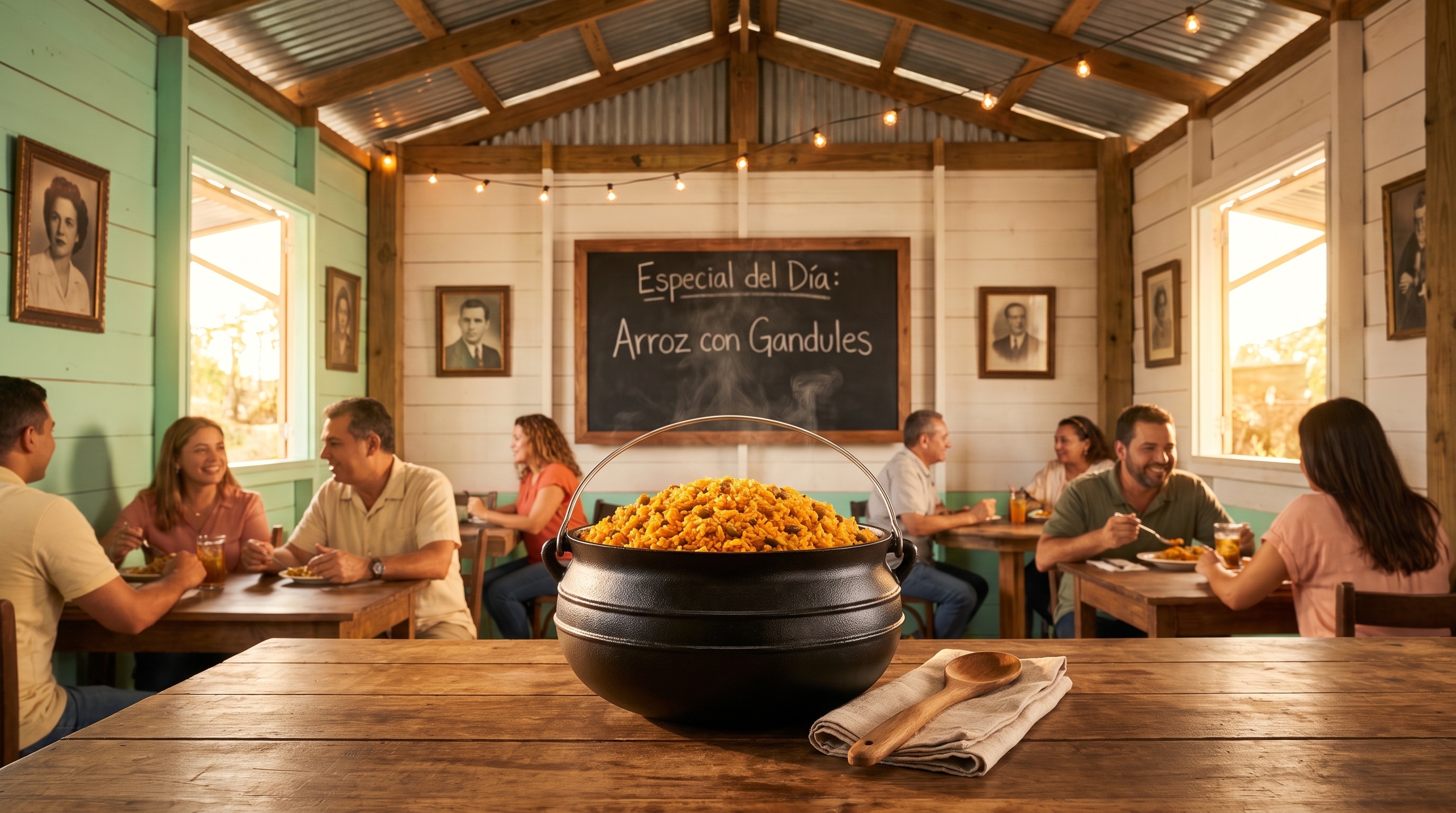 Interior de una fonda criolla puertorriqueña con un caldero de arroz con gandules humeante